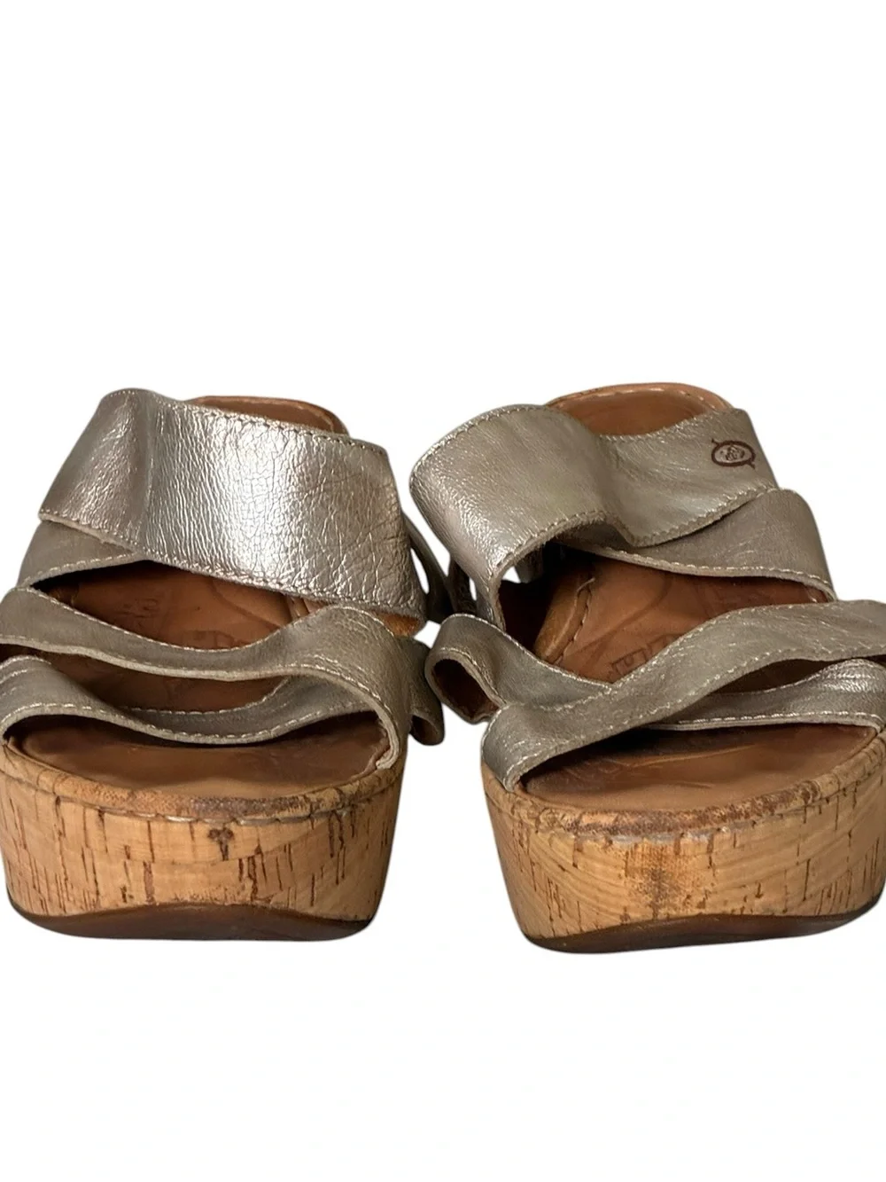 Born | Cork wedge silver metallic genuine leather wedge crisscross sandals sz 8